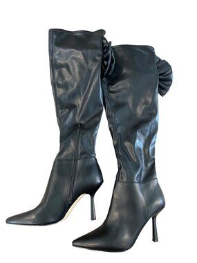 Gianni Bini Womens Black Leather Stiletto Heeled Knee-High Boots With Bow Accent